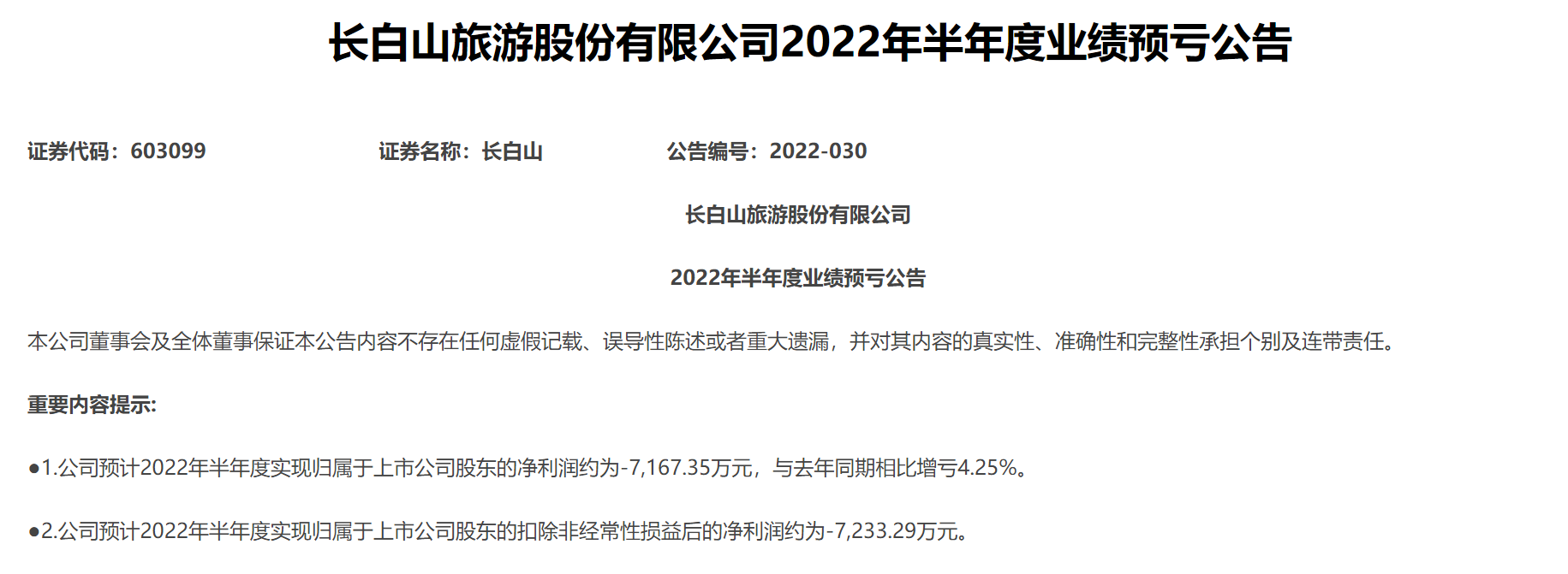 长白山：预计2022上半年亏损同比扩大4.25%